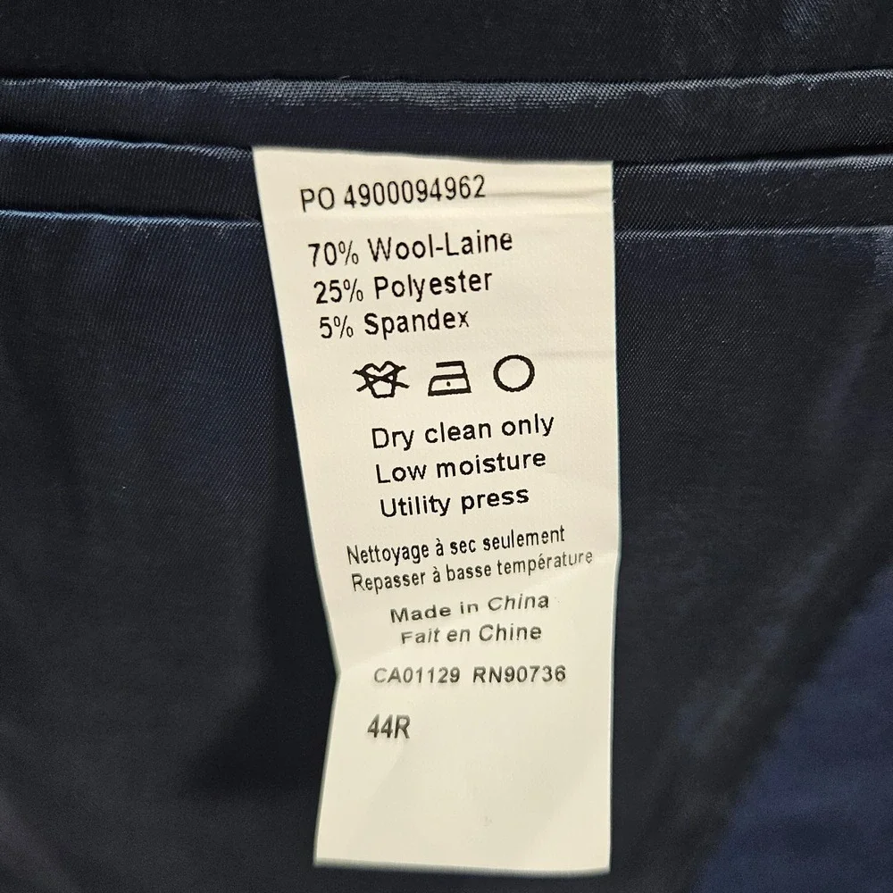 Calvin Klein Men's Sport Coat Blazer Two Button Navy Blue Wool Spandex Size 44L